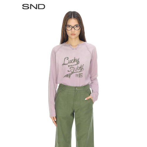 SNDSS26复古印花插肩长袖T恤
