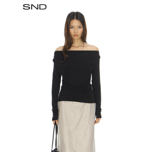 SNDFW26Drew一字肩褶皱上衣