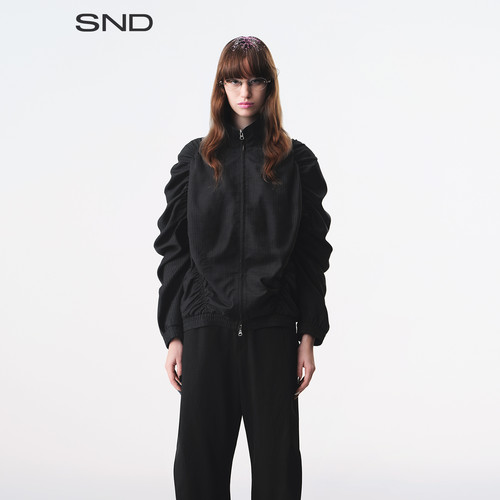 SS26条纹立体抽褶两穿立领外套