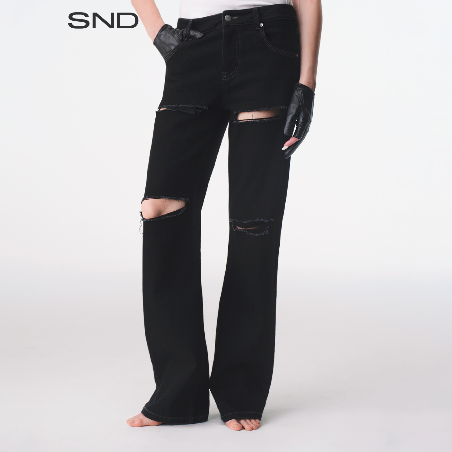 SS26割破微弹牛仔裤女款图片