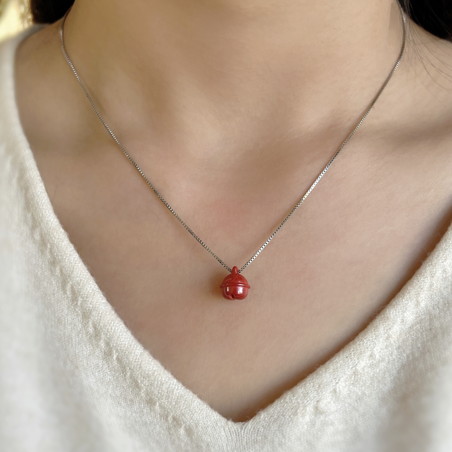 天然朱砂s925纯银项链