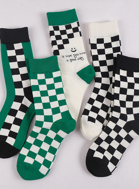 春秋网红外穿黑白绿色棋盘格袜子男女ins潮百搭运动方格子中筒袜