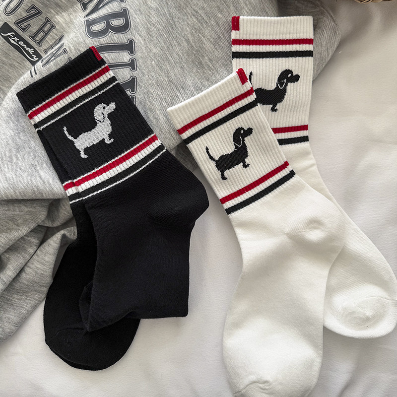 潮牌小狗袜子女春秋款ins潮纯棉中筒袜经典条纹黑白灰色秋冬长袜,运动包/户外包/配件,运动袜,淘宝优惠券,粉丝福利购,淘宝优惠卷