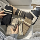 羊绒袜子女中筒袜秋冬季 加厚保暖美拉德堆堆袜二条杠条纹拼色长袜