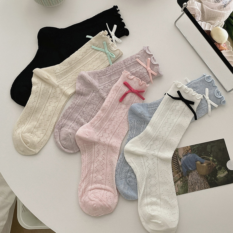 蝴蝶结袜子女花边网眼镂空堆堆袜