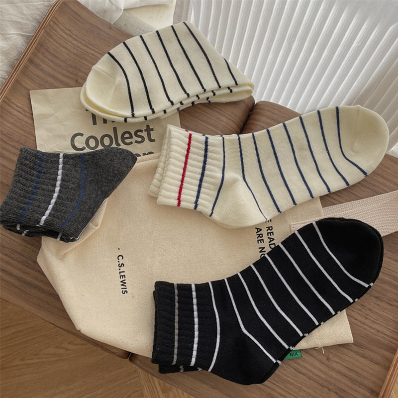 条纹袜子女中筒袜春秋款运动男士短袜简约白色学生女士短筒秋冬