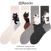 原创卡通植绒小猫袜子女中筒袜ins潮春秋纯棉可爱点子纱秋冬长袜