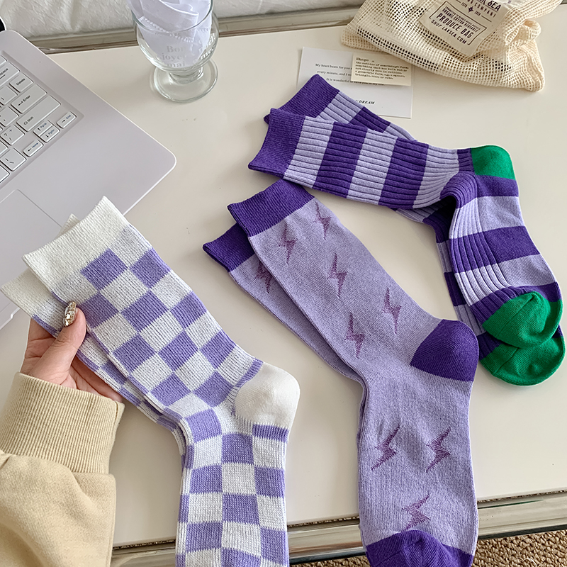 紫色袜子女条纹撞色网红中筒长袜