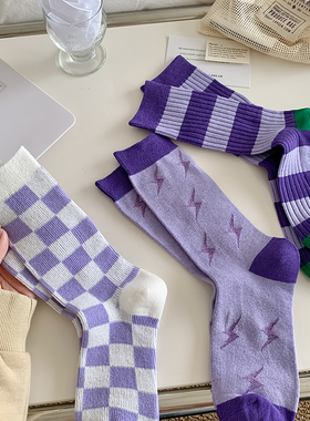 紫色袜子女春秋季ins潮网红款街头运动超火外穿条纹撞色中筒长袜