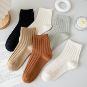 复古粗针袜子女短袜纯棉ins潮春秋季 日系纯色针织粗线中筒袜百搭