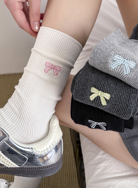白色蝴蝶结袜子女中筒袜春秋款纯棉miu系芭蕾风灰色堆堆长袜夏季