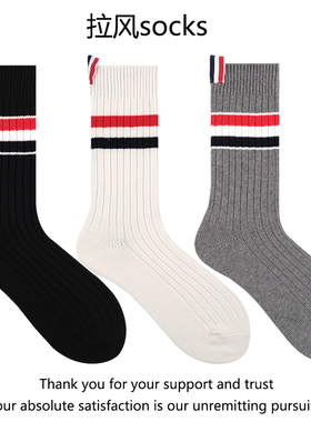条纹标签ab袜子男女中筒ins潮复古日系长袜秋冬季粗针针织堆堆袜