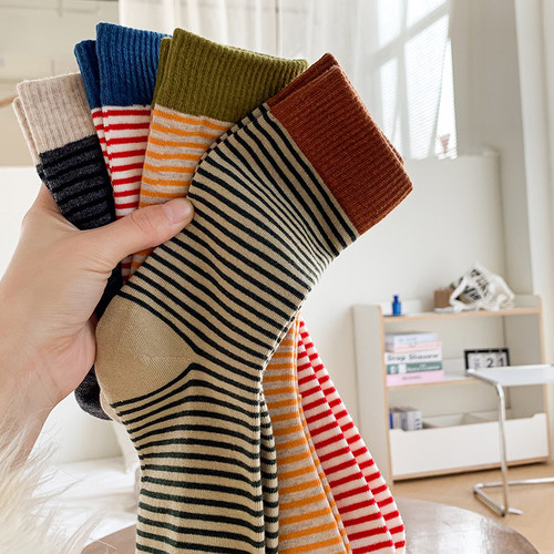 拼色条纹袜子女网红款百搭学院风