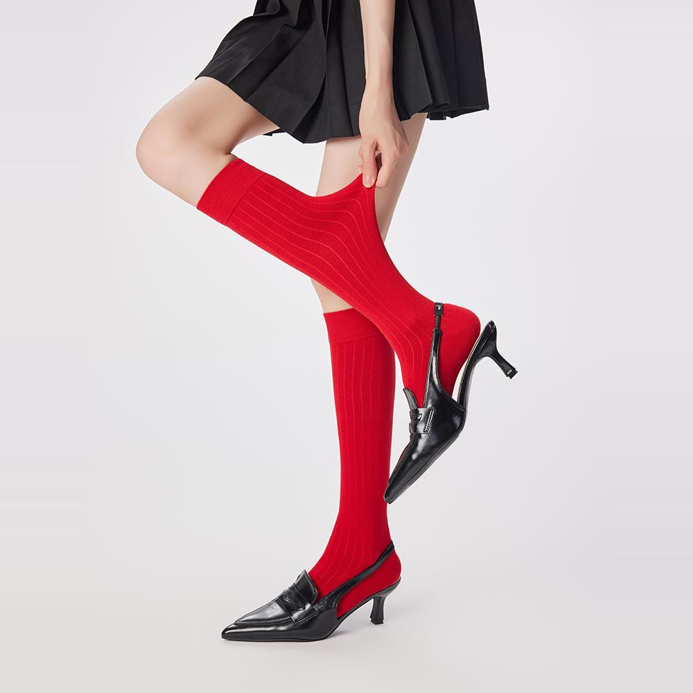 安可拉红竖条纹小腿袜本命年大红