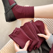 安可拉红袜子女纯棉双针中筒袜春秋款 韩版 日系竖条纹酒红色堆堆袜