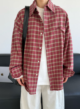 美式复古红格子长袖衬衫男女同款
