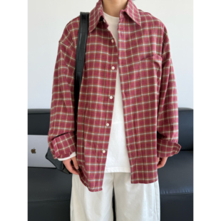 春秋季 衬衫 内搭衬衣 复古设计感红色格子纯棉休闲长袖 19otiwtt美式