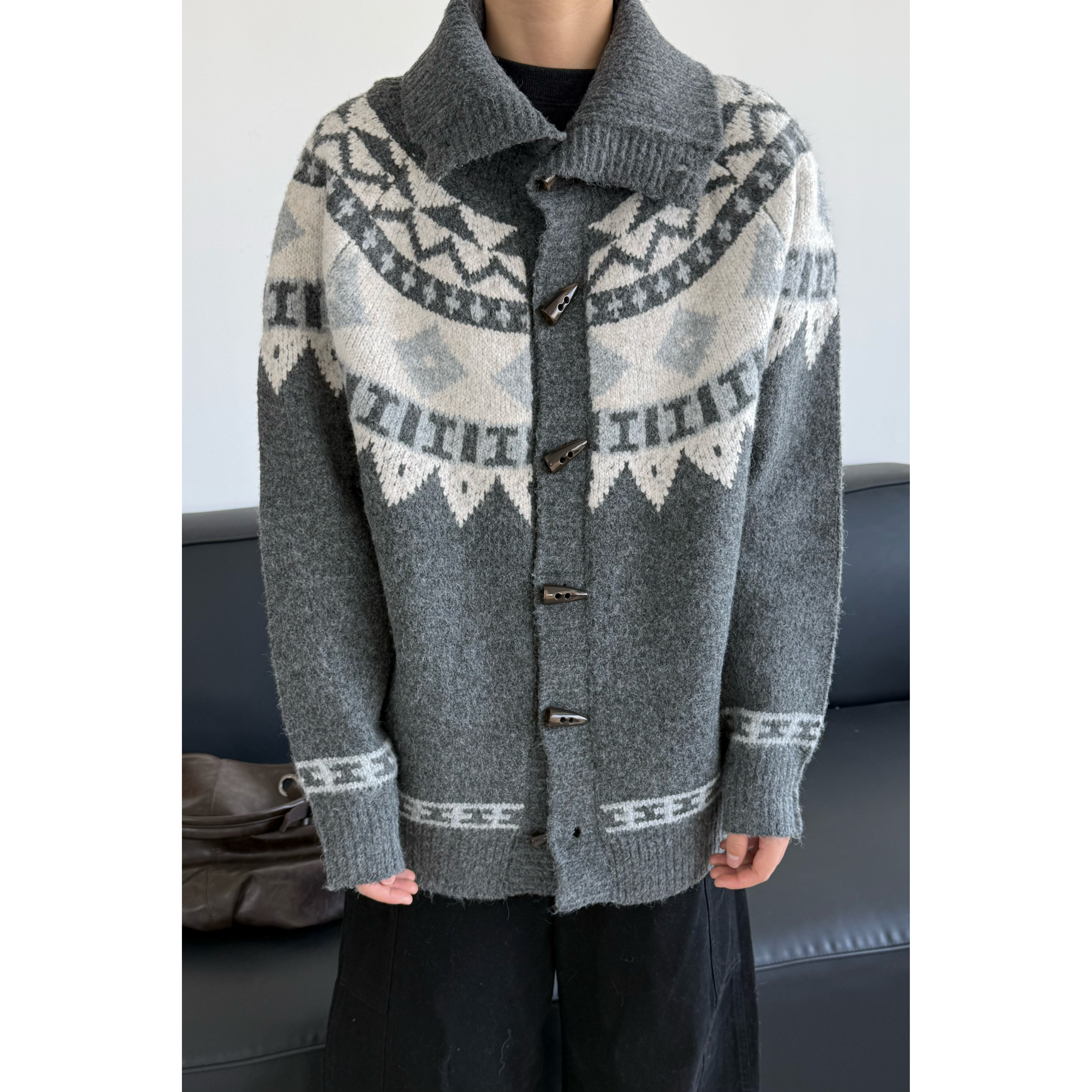 复古费尔岛撞色菱格针织男开衫