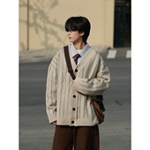 19otiwtt日系复古条纹V领慵懒风毛衣开衫 秋冬美拉德穿搭宽松外套