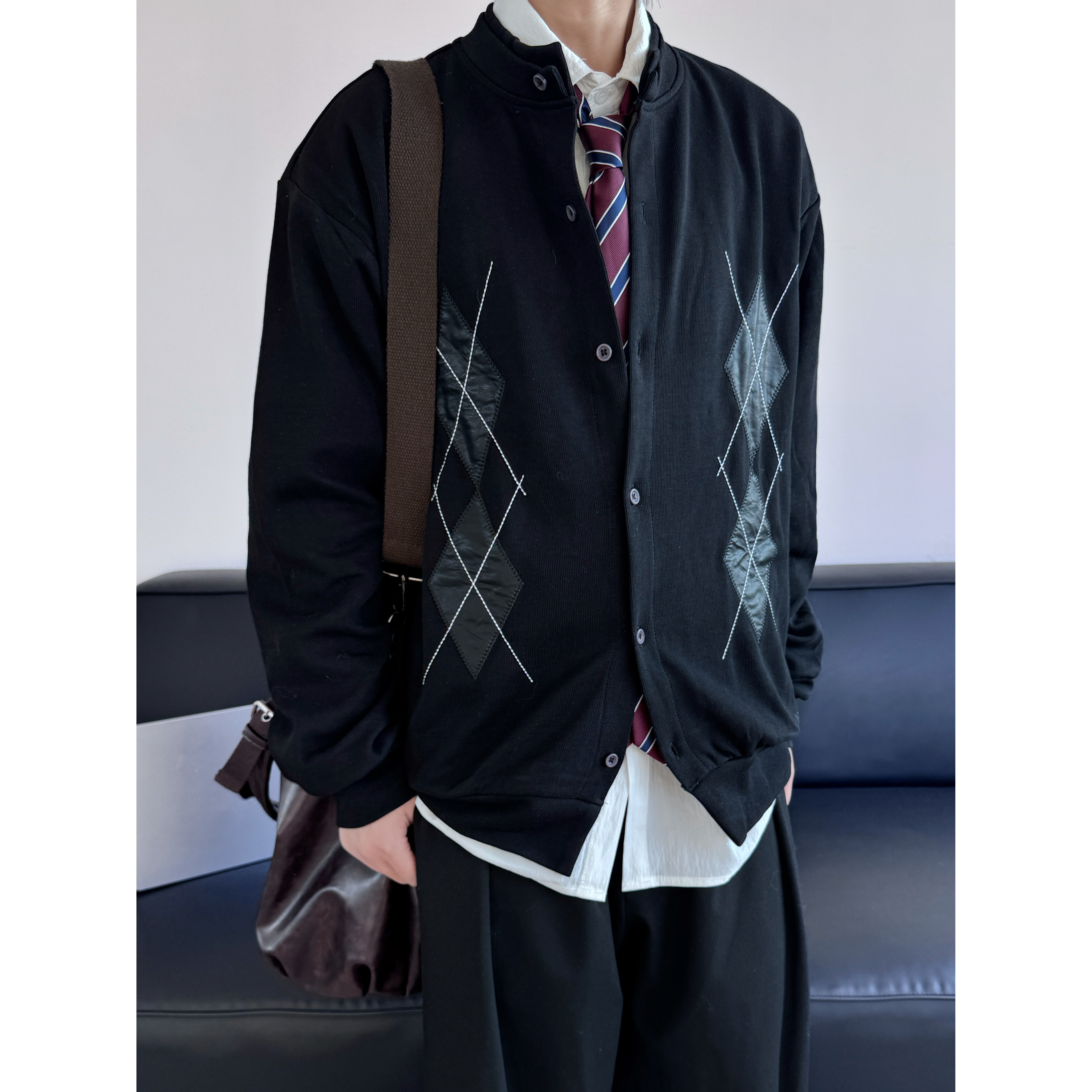 19otiwtt美式复古高级感菱格针织衫毛衣老钱风拼色提花开衫外套,男装,夹克,淘宝优惠券,粉丝福利购,淘宝优惠卷