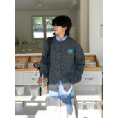 19otiwtt复古刺绣高级感开衫 毛衣男慵懒风灰色情侣休闲针织衫 外套