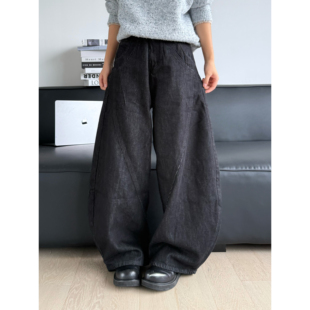 19otiwtt美式 男女百搭直筒阔腿 复古水洗做旧弯刀立体裁剪牛仔裤