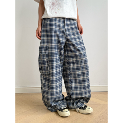 美式复古蓝格子宽松阔腿休闲裤
