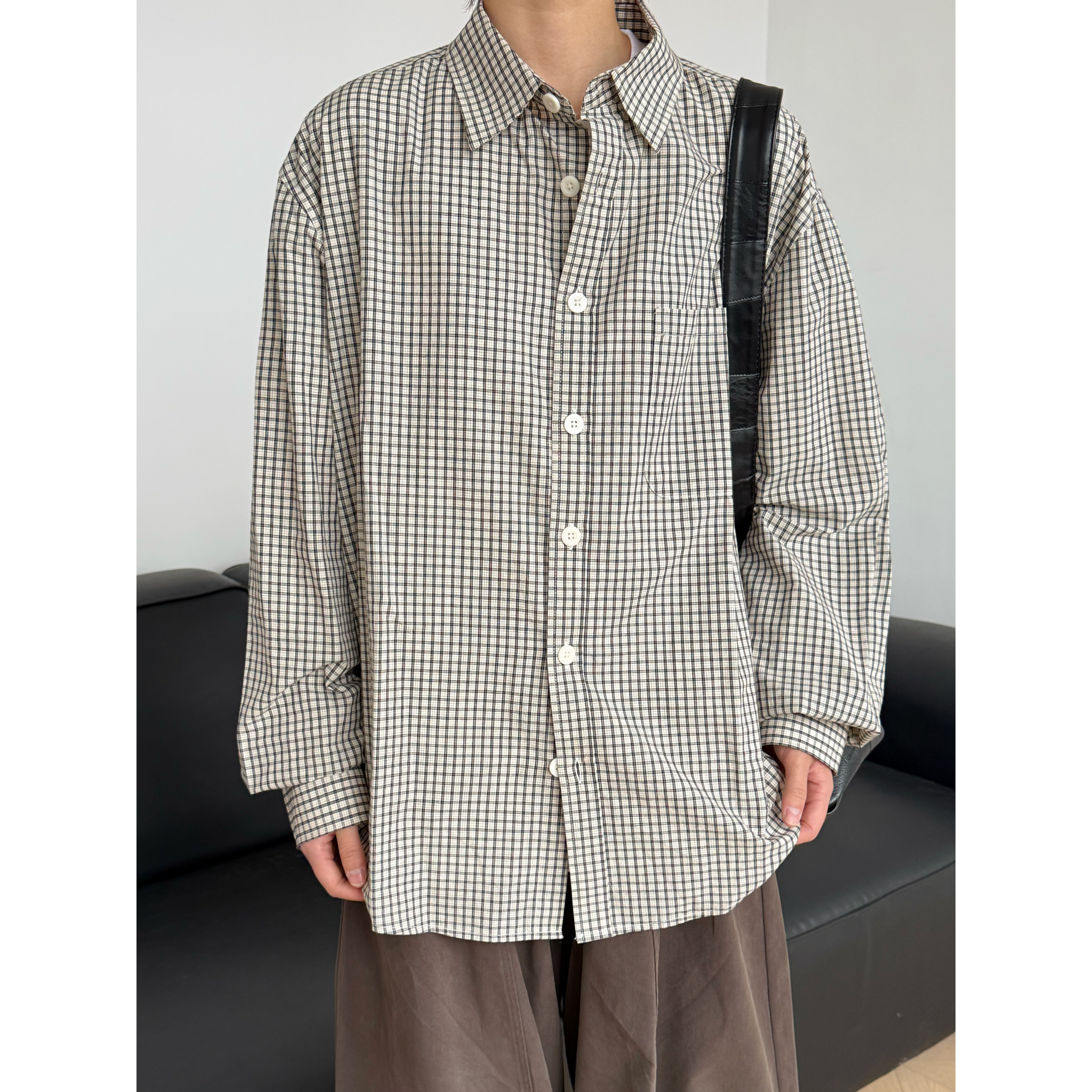 19otiwtt翻领撞色长袖日系格子cleanfit长袖衬衫情侣男女格纹上衣