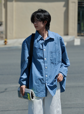 19otiwtt秋季日系复古蓝色格子长袖衬衫男女款宽松休闲工装衬衣