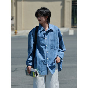 宽松休闲工装 19otiwtt秋季 男女款 衬衫 衬衣 日系复古蓝色格子长袖