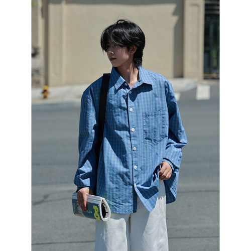 19otiwtt秋季日系复古蓝色格子长袖衬衫男女款宽松休闲工装衬衣