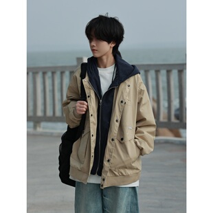 19otiwtt日系复古假两件拼接连帽夹克男春季新款百搭宽松休闲外套