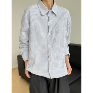 休闲老钱风翻领衬衣外套 秋季 19otiwtt日系复古简约竖条纹长袖 衬衫