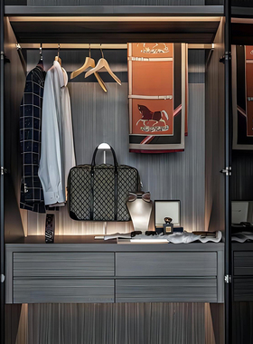 意式家居样板房衣帽间展厅玻璃衣柜男士服饰包包装饰品陈列搭配