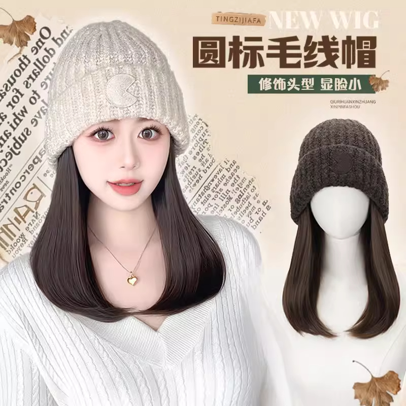 假发帽子一体针织毛线帽内扣假发