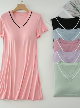 带胸垫莫代尔睡裙女夏季薄款睡衣免文胸bra宽松大码短袖V领家居服