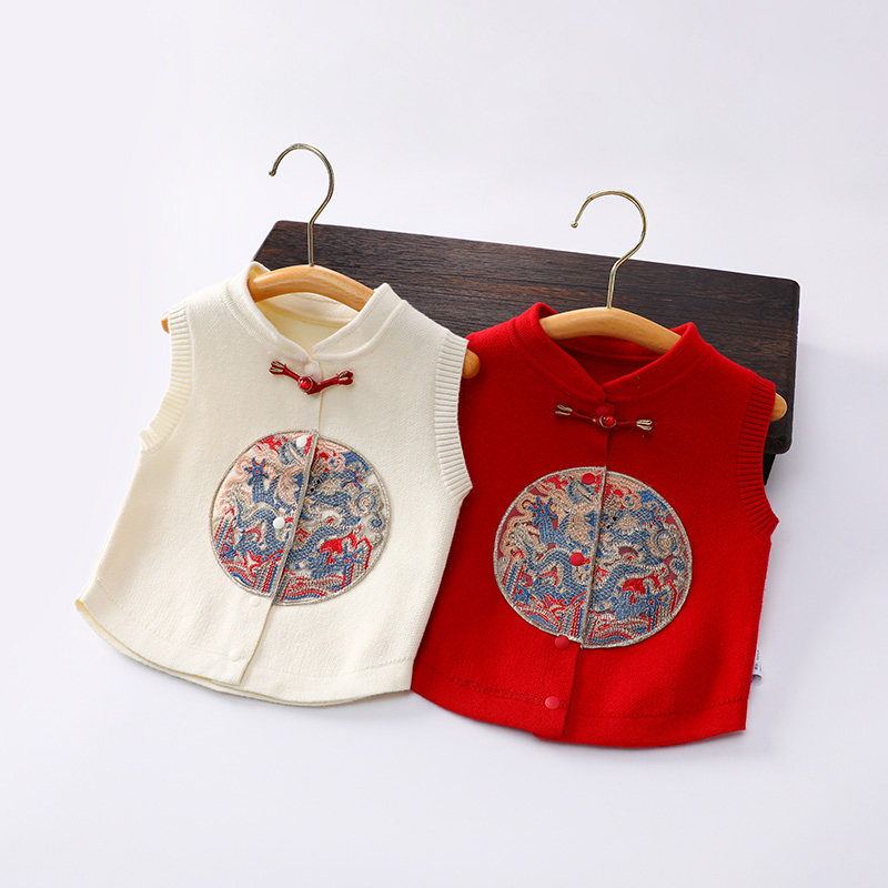 婴儿马甲秋冬背心男女宝新中式针织毛衣满月红色马夹上衣国风坎肩