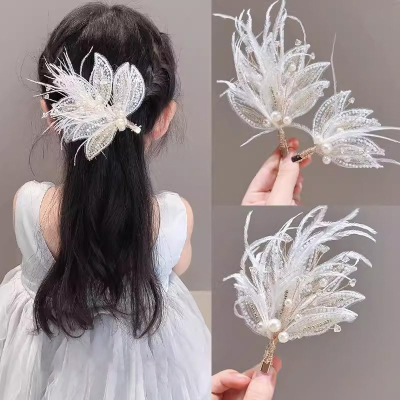 女孩仙气羽毛发夹2026新款高级感头花汉服头饰六一儿童节表演发饰