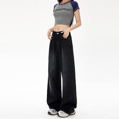 MYFC辣妹复古做旧黑灰牛仔裤女