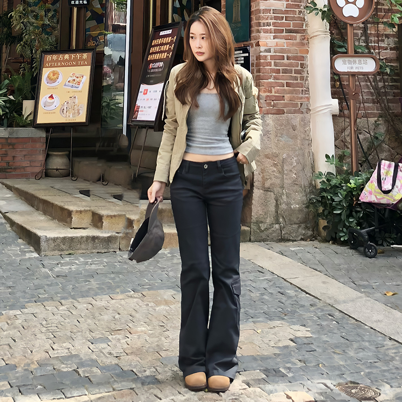 美式低腰微喇叭牛仔裤女修身