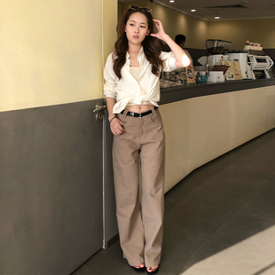 百搭宽松慵懒直筒拖地阔腿裤 新款 女2025春季 MYFC卡其色休闲牛仔裤