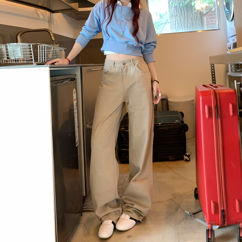 卡其色阔腿牛仔裤女百搭宽松
