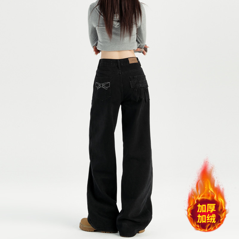 MYFC黑色阔腿牛仔裤女2025春季