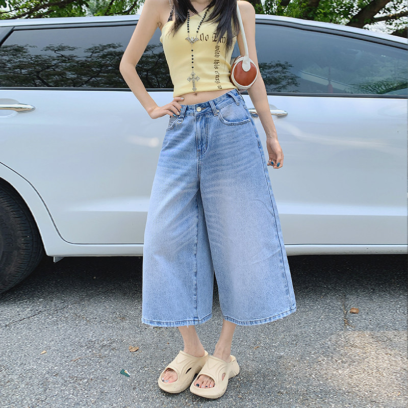 MYFC浅色美式复古牛仔七分裤女2025夏季高腰显瘦百搭宽松阔腿中裤