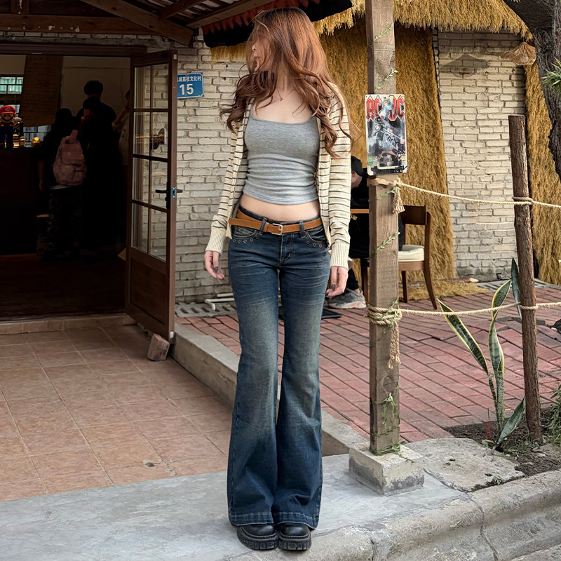 美式低腰微喇叭牛仔裤女铆钉刺绣