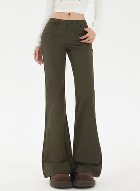 MYFC美式复古绿色微喇牛仔裤女2025秋季新款低腰弹力修身喇叭裤子