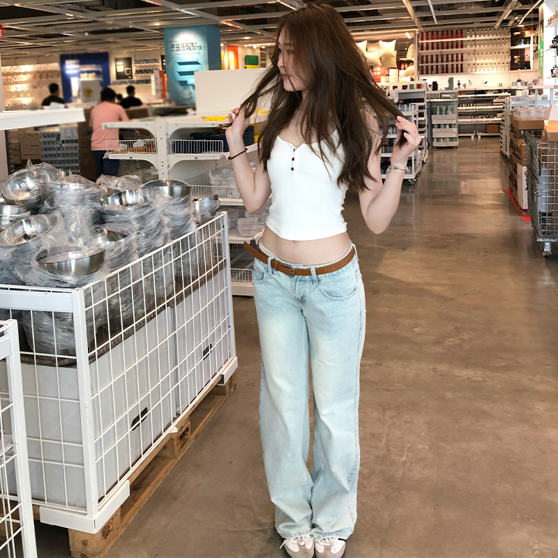 复古浅蓝色低腰阔腿牛仔裤女宽松