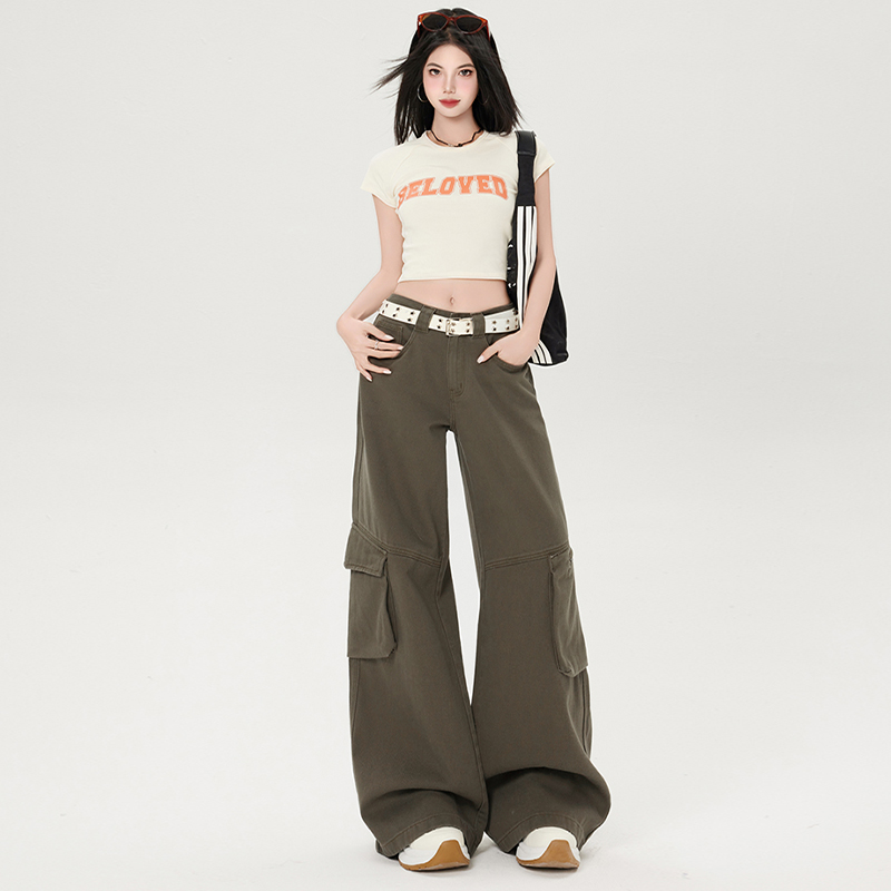 低腰阔腿牛仔工装裤女宽松休闲裤