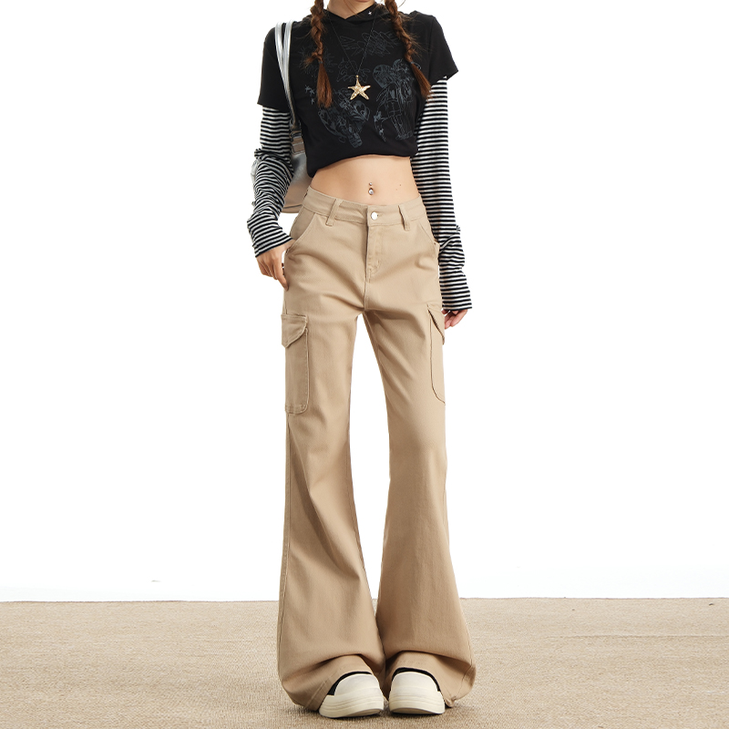卡其色工装微喇叭牛仔裤女弹力