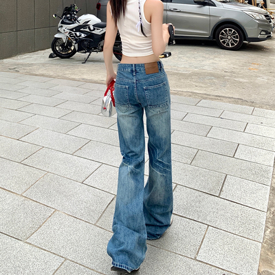 美式低腰微喇叭牛仔裤女阔腿宽松